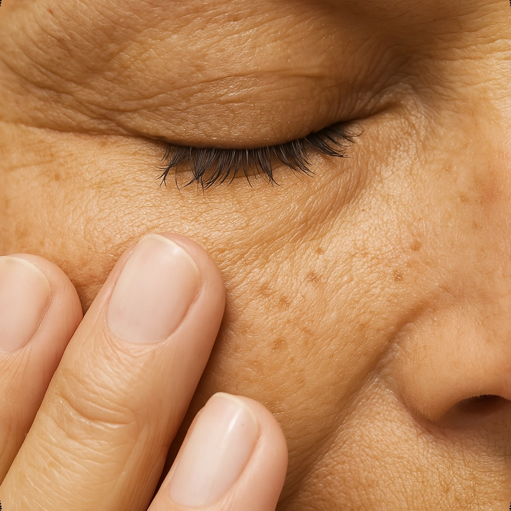 Close no rosto de uma mulher com flacidez e linhas ao redor dos olhos, o quadro em que o Ultraformer MPT é indicado