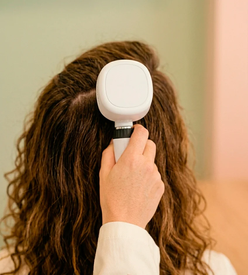 Profissional realizando tricoscopia no couro cabeludo para investigar queda de cabelo